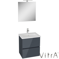 Vitra - Vitra Mia Plus Square Demonte Set, 60 cm, Çift Çekmeceli, (Lavabo Dolabı, Aydınlatmalı Ayna), Parlak Antrasit - 69735