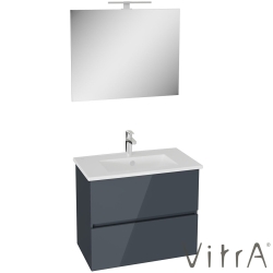 Vitra - Vitra Mia Plus Square Demonte Set, 80 cm, Çift Çekmeceli, (Lavabo Dolabı, Aydınlatmalı Ayna), Parlak Antrasit - 69747