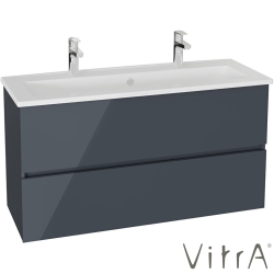 Vitra - Vitra Mia Plus Square Çift Çekmeceli Lavabo Dolabı, Çift Armatür Delikli Lavabolu, 120 cm, Parlak Antrasit - 69762