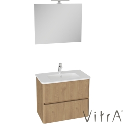 Vitra - Vitra Mia Plus Round Demonte Set, 80 cm, Çift Çekmeceli, (Lavabo Dolabı, Aydınlatmalı Ayna), Altın Meşe - 69827